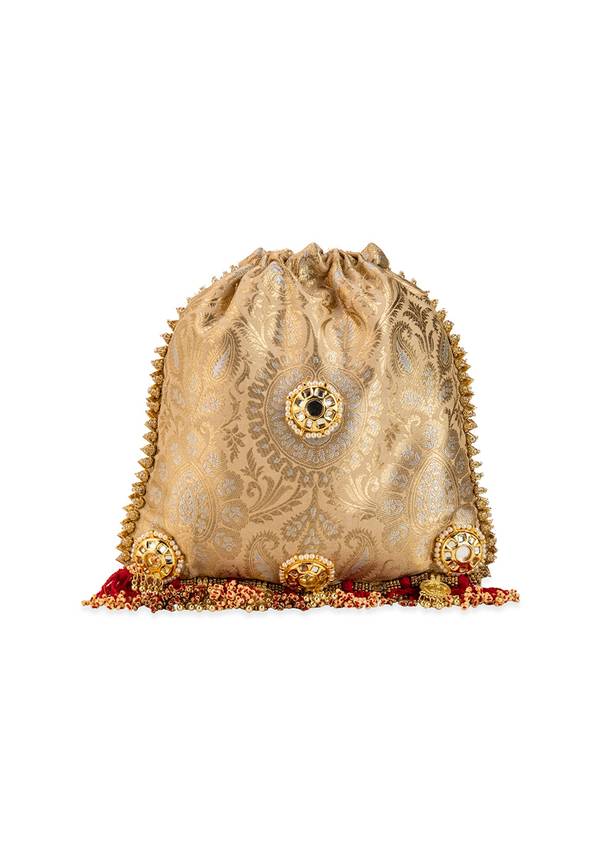 Gold and Red Floral Motif Kundan Embellished Potli Bag