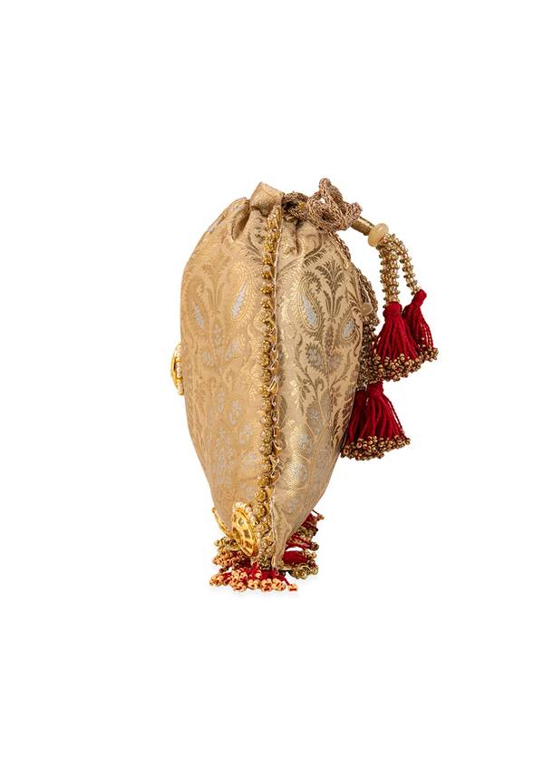 Gold and Red Floral Motif Kundan Embellished Potli Bag