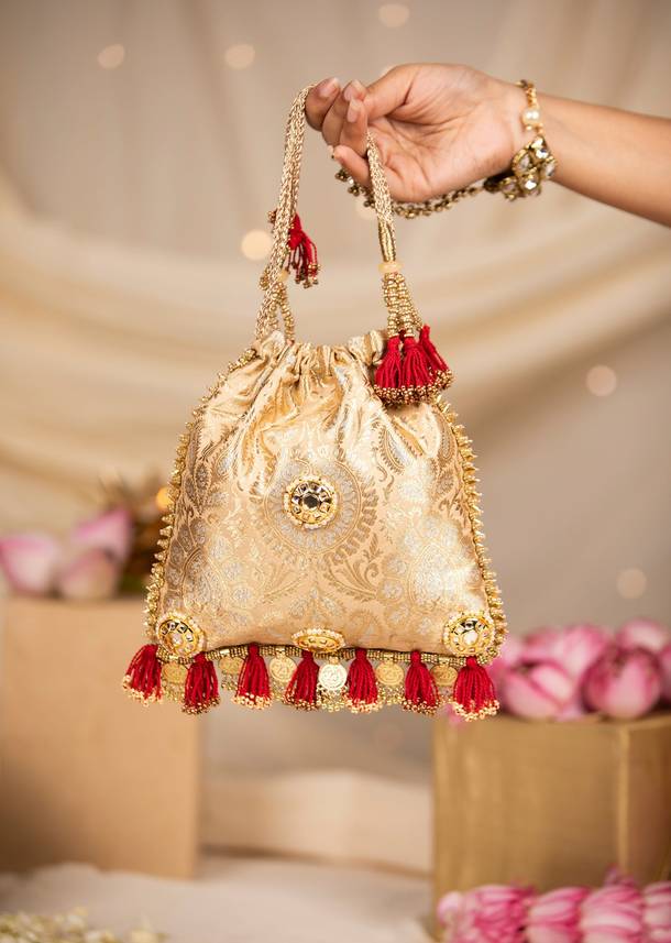 Gold and Red Floral Motif Kundan Embellished Potli Bag