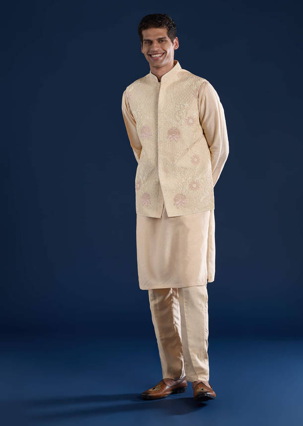 Gold Art Silk Jacket Kurta Set with Dori Work