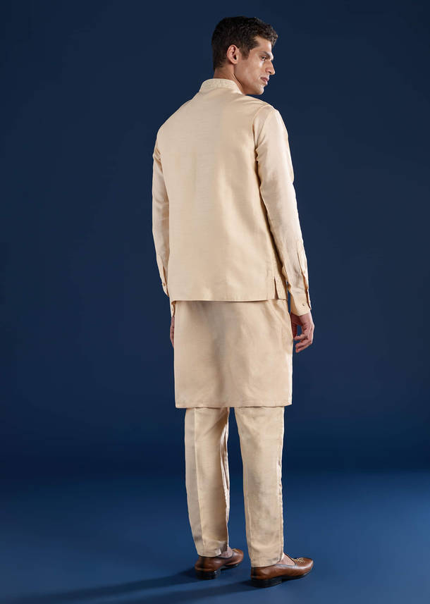 Gold Art Silk Jacket Kurta Set with Dori Work