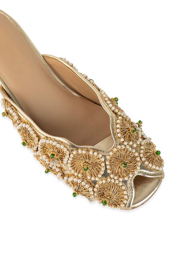 Gold Bead Embellished Faux Leather Mules