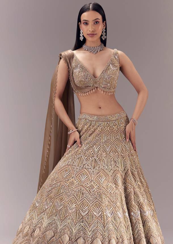 Gold Draped Blouse and Embellished Lehenga Set