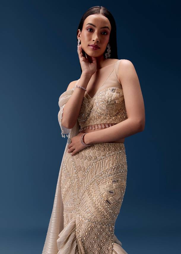 Gold Draped Lehenga with Embellished Blouse