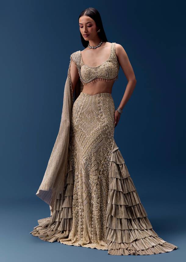 Gold Embellished Draped Blouse with Frill Skirt