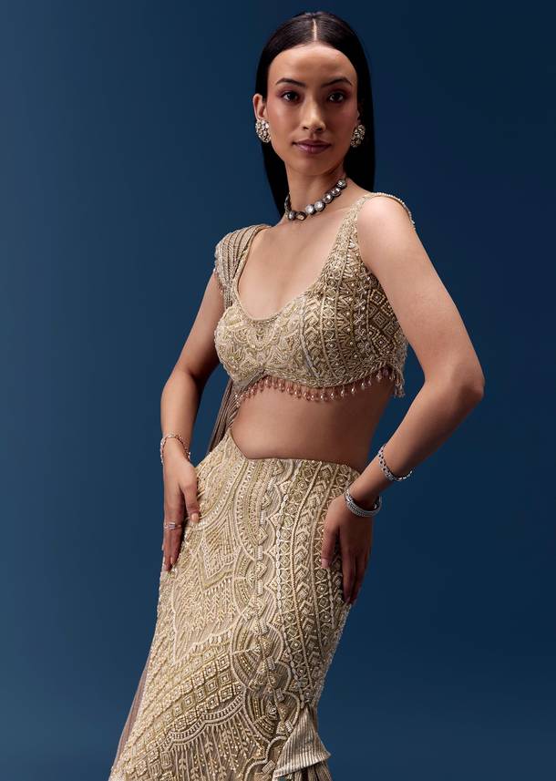 Gold Embellished Draped Blouse with Frill Skirt