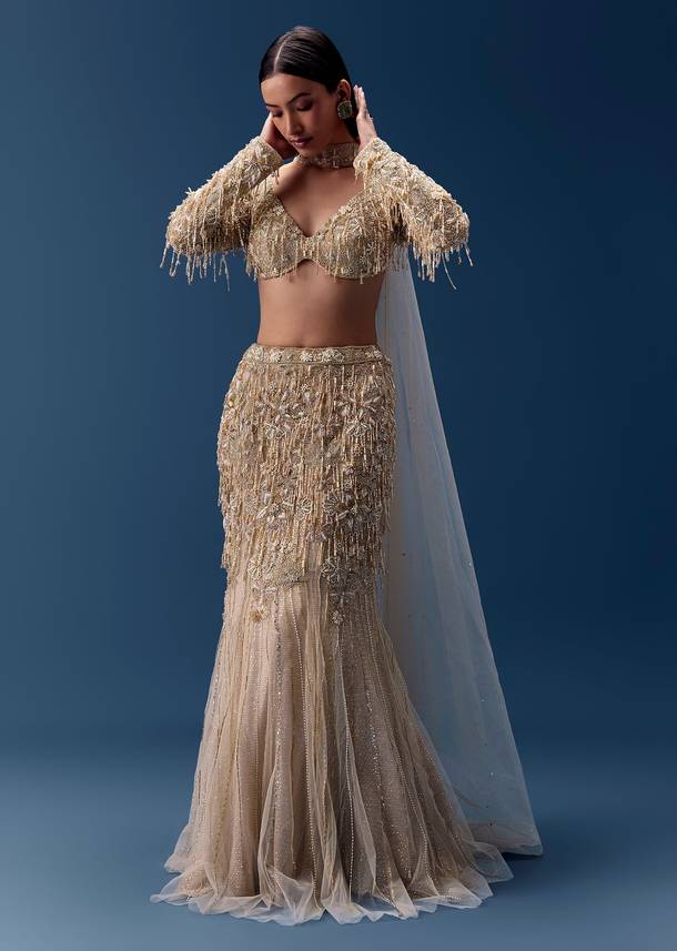 Gold Fishcut Lehenga with Blouse and Choker Dupatta