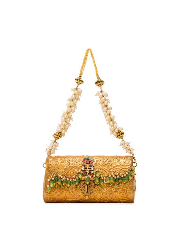 Gold Floral Embossed Textured Metal Bag