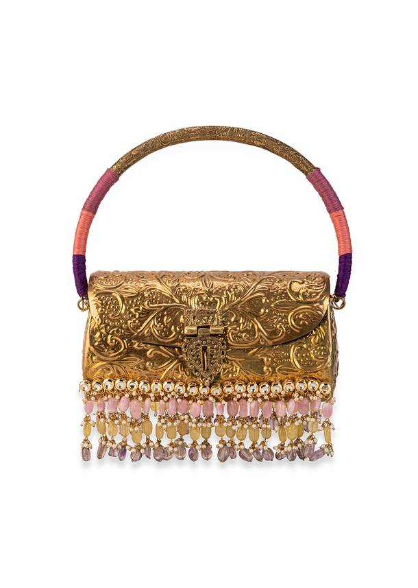 Gold Floral Engraved Bead Tassel Metal Bag