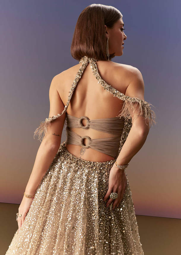 Gold Halter Neck Gown With Cut Out Back And Embellished Bodice