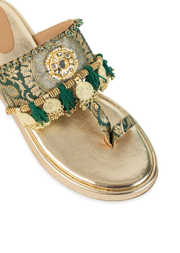 Gold Handcrafted Tassel Wedges with Brocade Straps