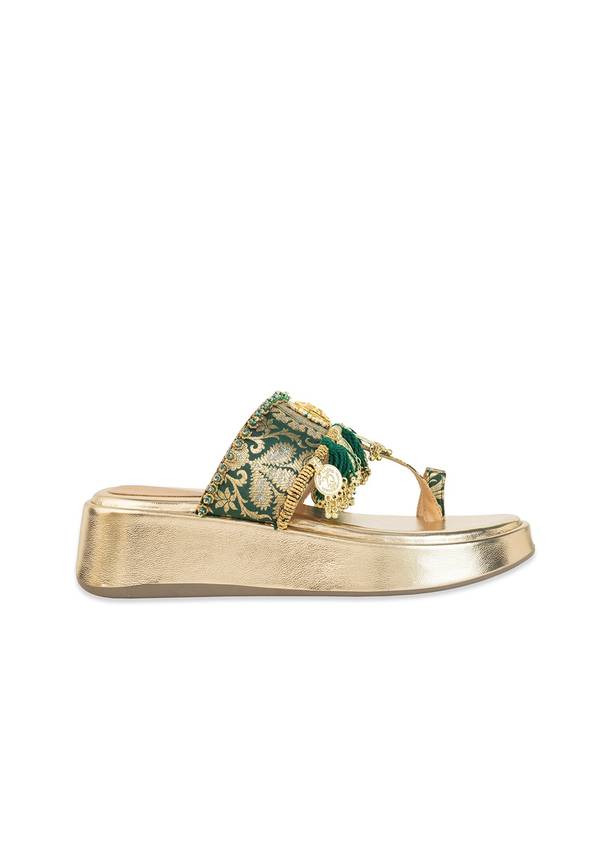 Gold Handcrafted Tassel Wedges with Brocade Straps