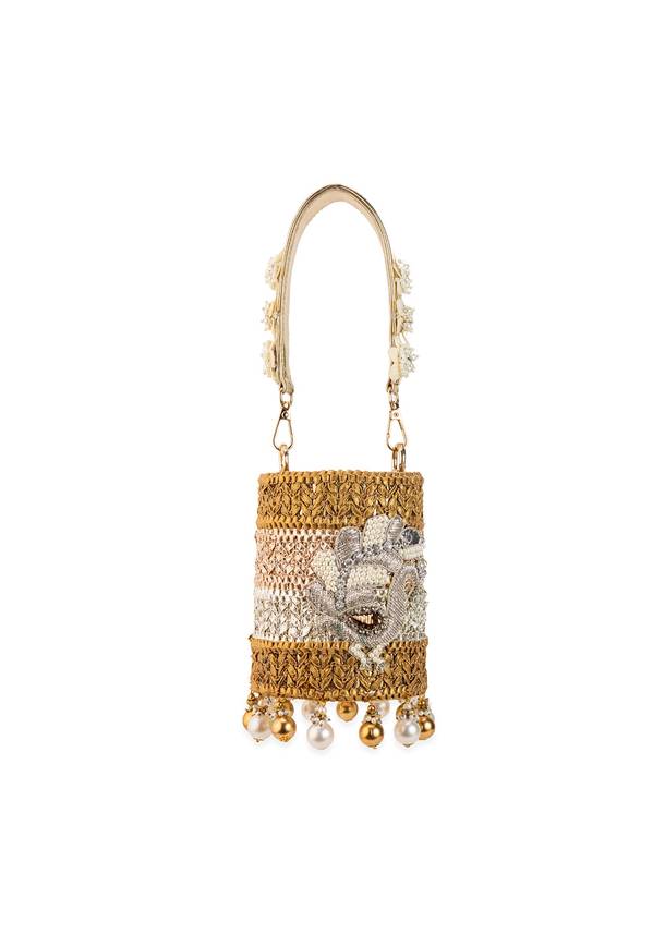 Gold Multi Bead Drop Hand Embroidered Potli Bucket Bag