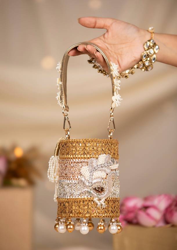 Gold Multi Bead Drop Hand Embroidered Potli Bucket Bag
