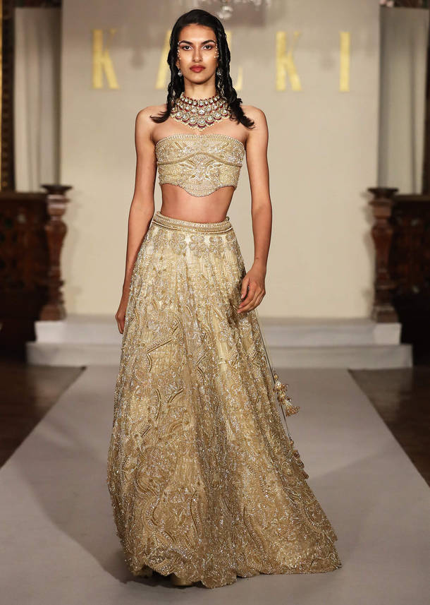 Gold Net Bridal Lehenga With Embroidered Corset Blouse