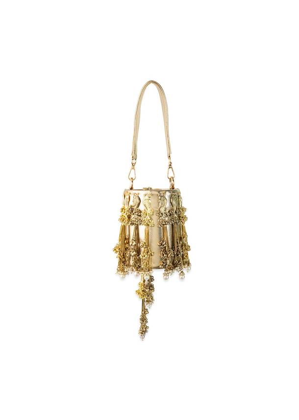 Gold Peacock Motif Tassel Detail Bucket Bag