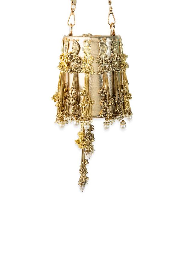 Gold Peacock Motif Tassel Detail Bucket Bag