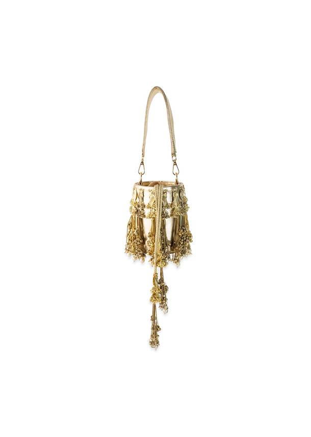 Gold Peacock Motif Tassel Detail Bucket Bag