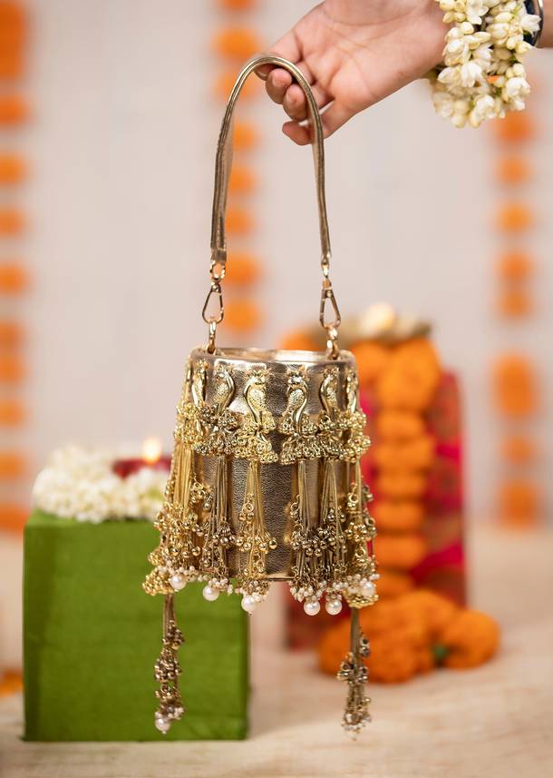 Gold Peacock Motif Tassel Detail Bucket Bag