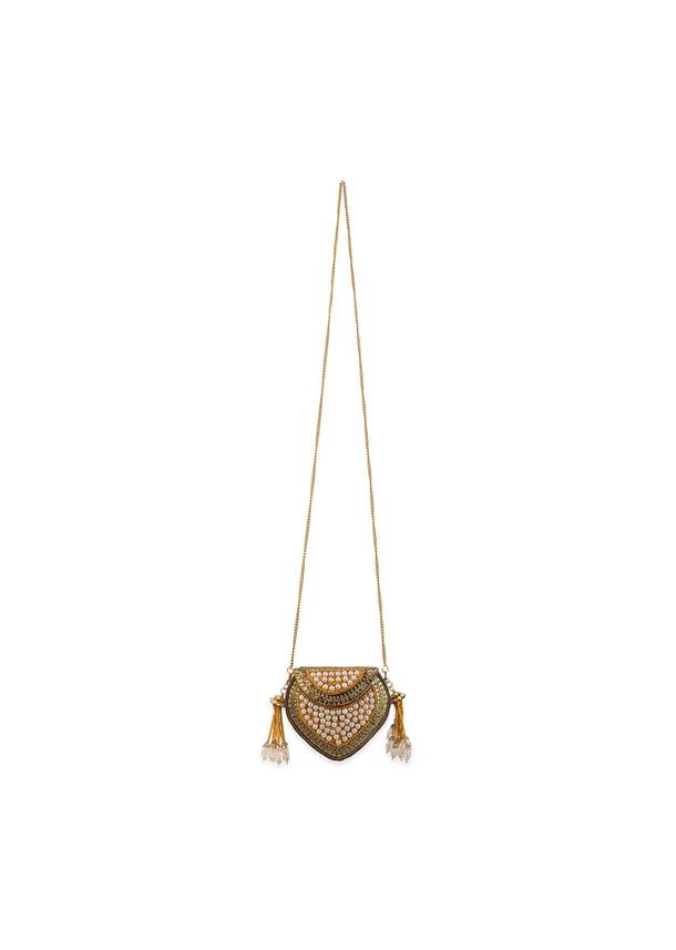 Gold Pearl Embellished Filigree Sling Bag
