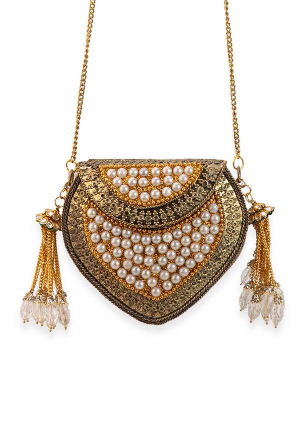 Gold Pearl Embellished Filigree Sling Bag