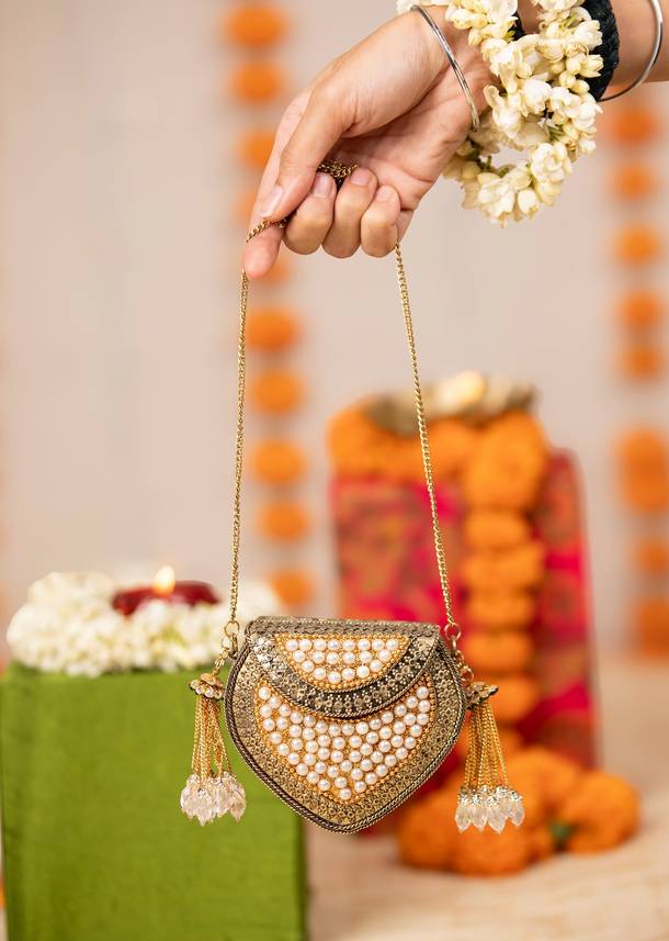 Gold Pearl Embellished Filigree Sling Bag