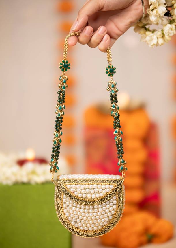 Gold Pearl Embellished Metal Bag