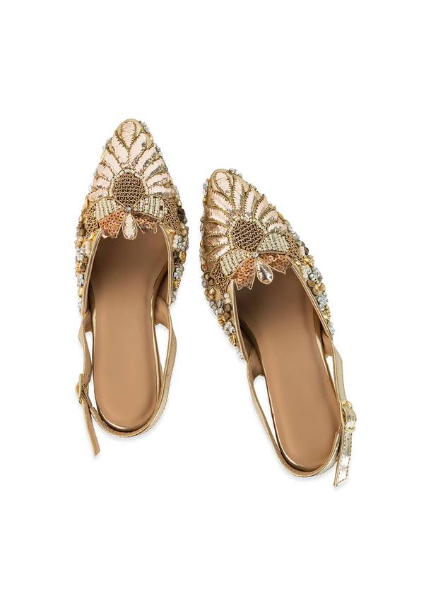 Gold Pearl Embellished Pointed Toe Heels