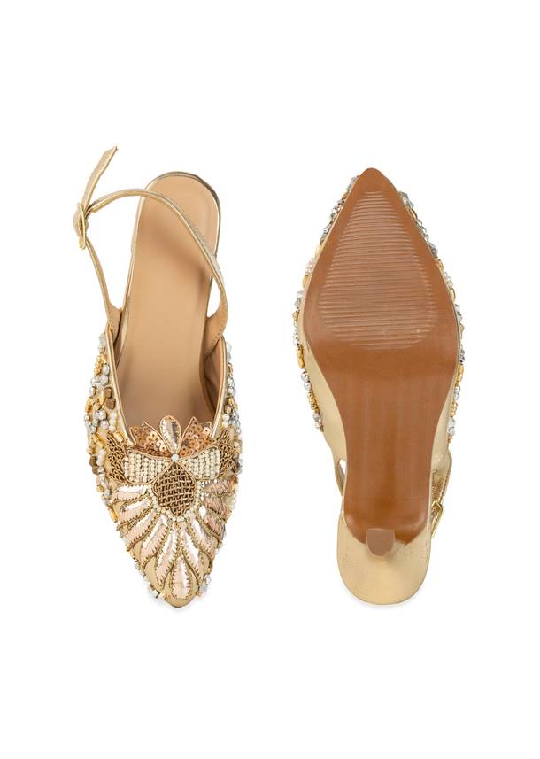 Gold Pearl Embellished Pointed Toe Heels