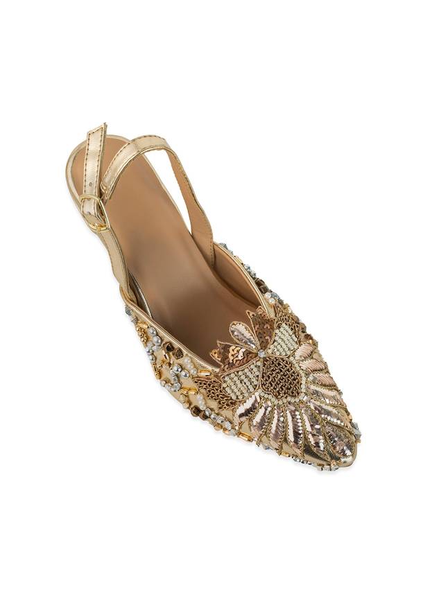 Gold Pearl Embellished Pointed Toe Heels