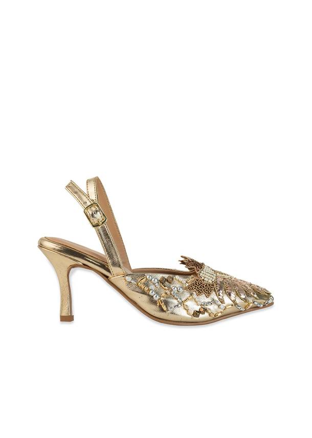 Gold Pearl Embellished Pointed Toe Heels