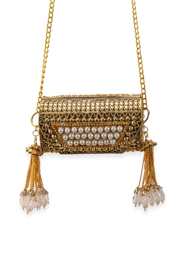 Gold Pearl Encrusted Antique Metal Bag