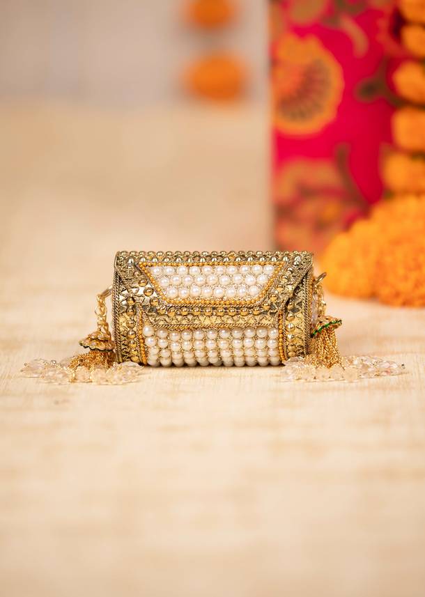 Gold Pearl Encrusted Antique Metal Bag