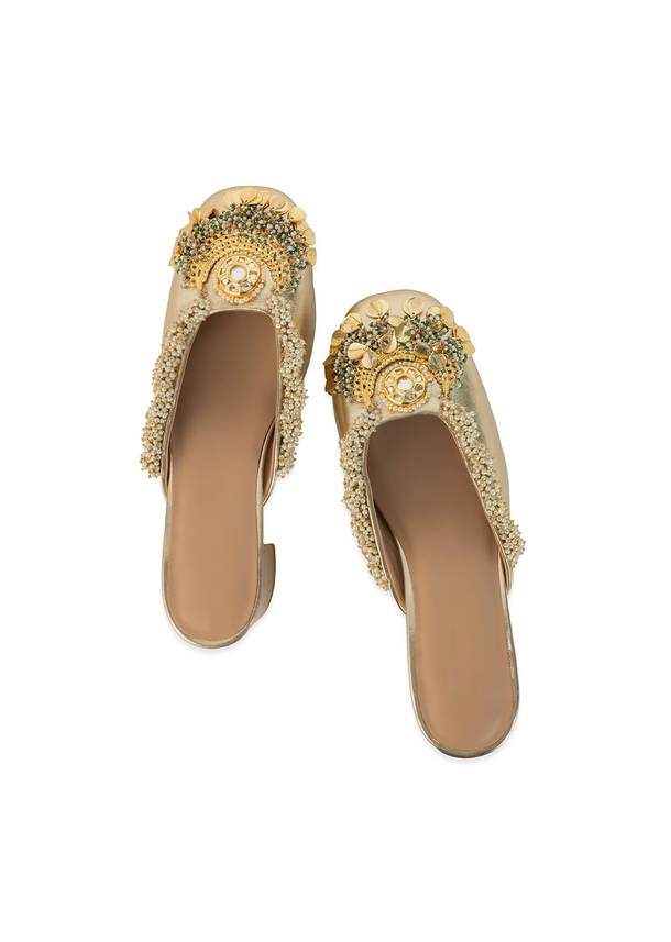 Gold Pearl Hand Embellished Heel Mules