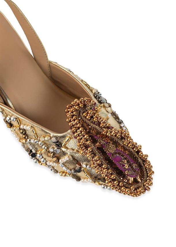 Gold Sequin Embellished Pointed Toe Heels