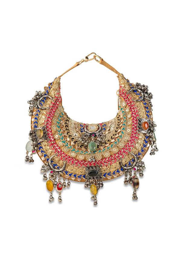 Gold Silk Embroidered Bag with Bead Tassels