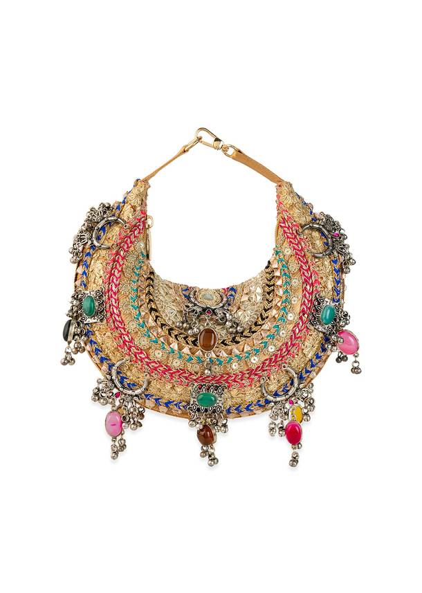 Gold Silk Embroidered Bag with Bead Tassels