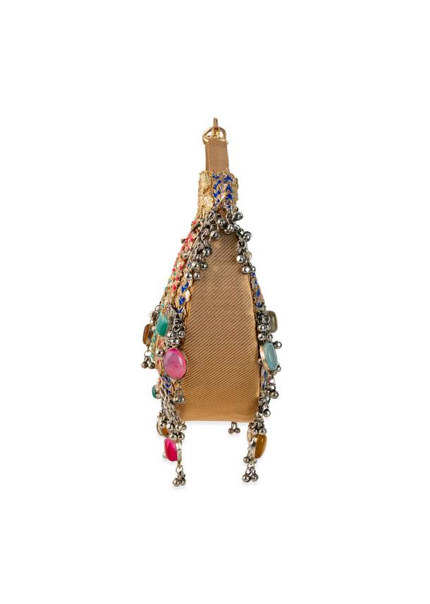 Gold Silk Embroidered Bag with Bead Tassels