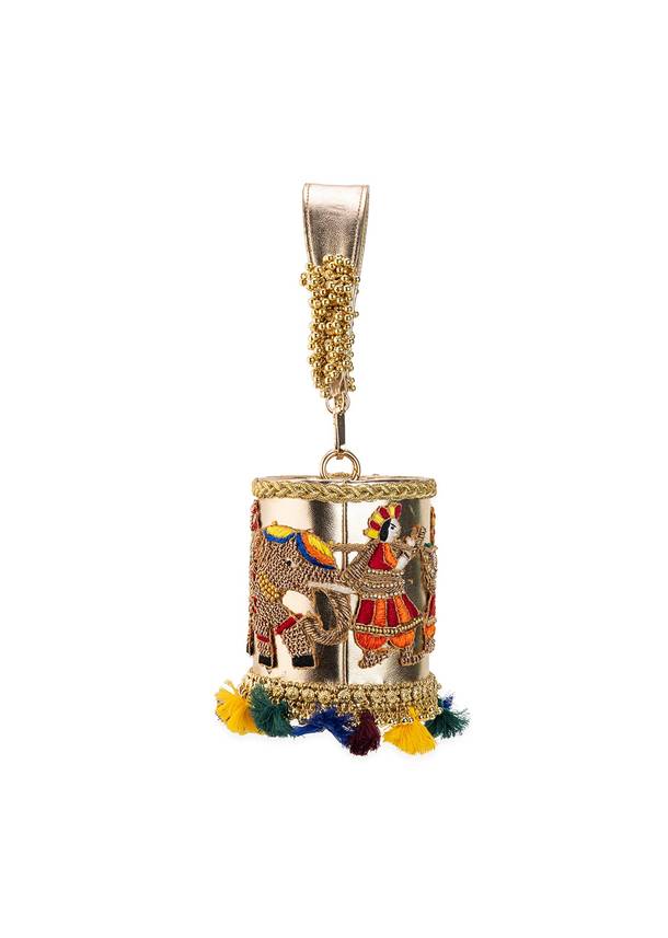 Gold Tassel Drop Embroidered Potli Bucket Bag