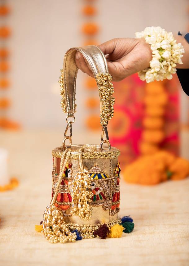 Gold Tassel Drop Embroidered Potli Bucket Bag