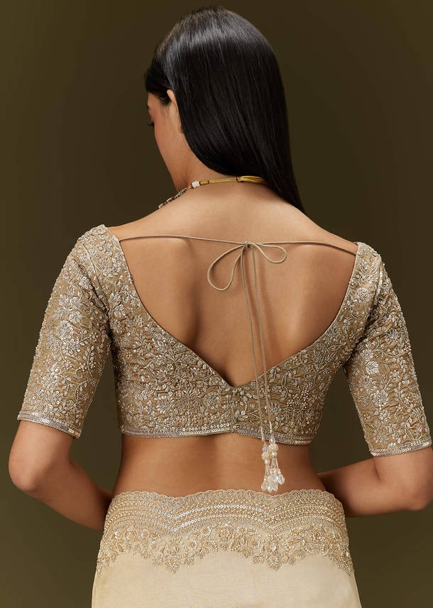 Gold Tissue Saree With Embroidered Brocade Blouse