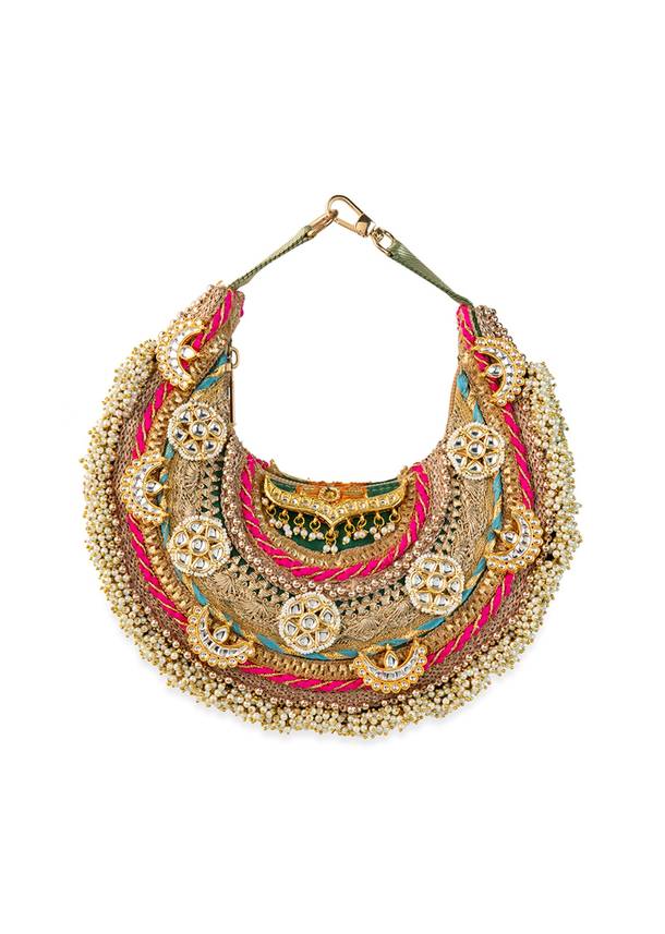 Gold Zardozi Embroidered Bag with Bead Tassels