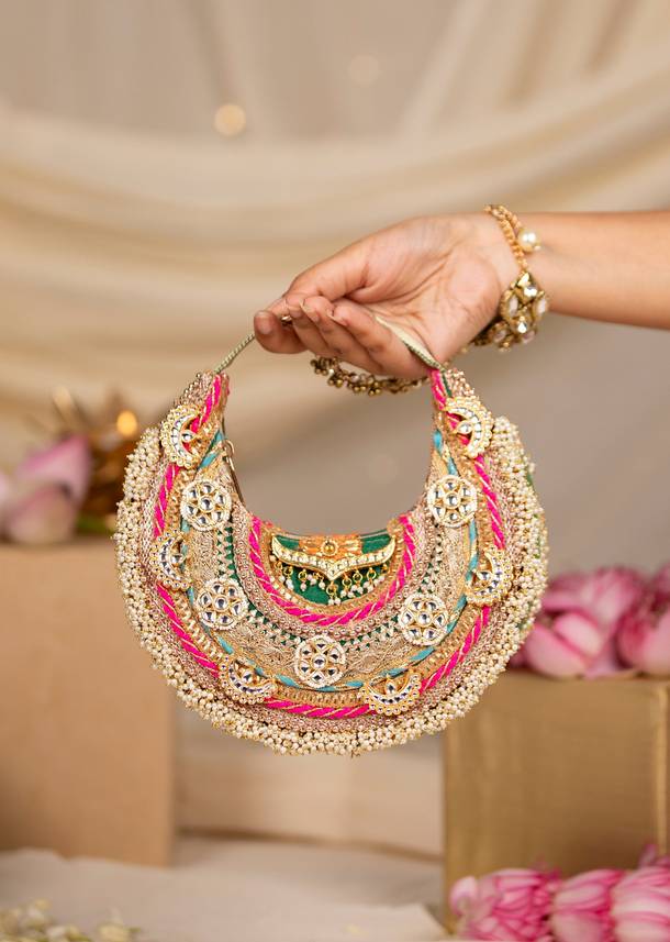 Gold Zardozi Embroidered Bag with Bead Tassels