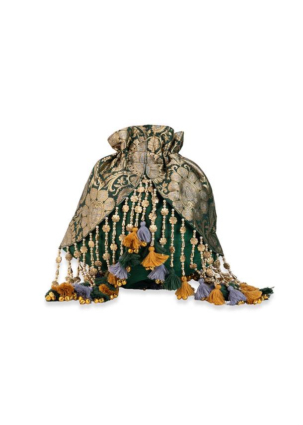 Green and Gold Embellished Tassel Potli Bag