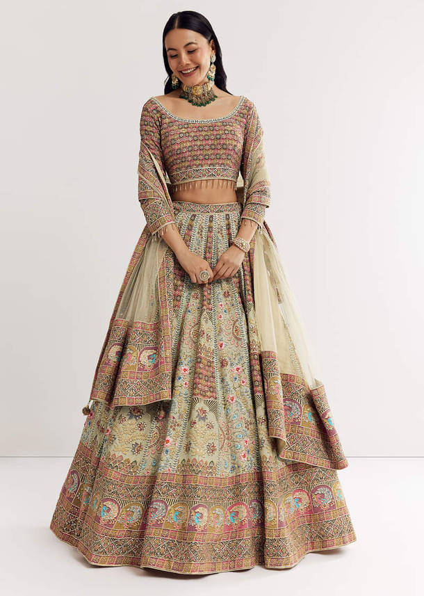 Green Beige Georgette Printed Lehenga With Scoop Neckline And Net Dupatta