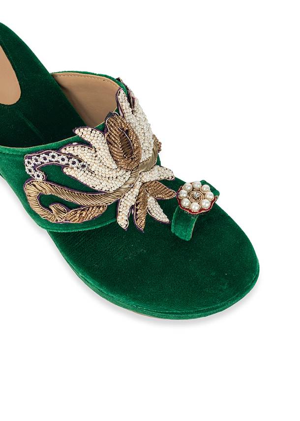 Green Hand Embellished Velvet Wedges