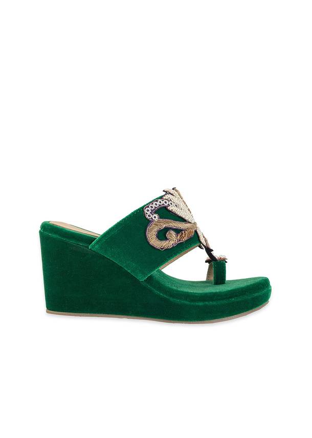 Green Hand Embellished Velvet Wedges