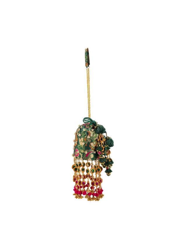 Green Pearl Embellished Pom Pom Tassel Bag