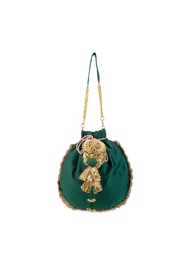 Green Silk Embroidered Potli Bag