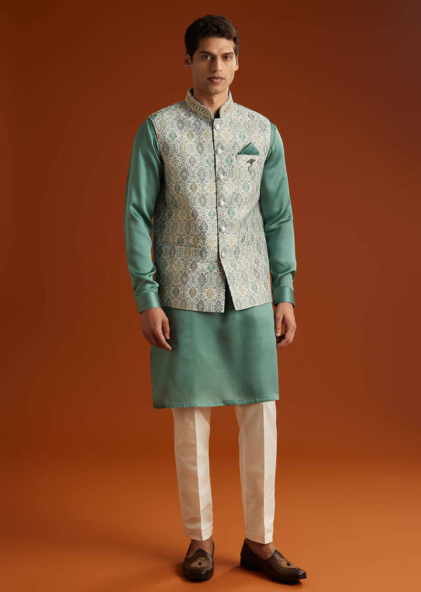 Green Silk Kurta Jacket Set For Men With Geometric Jaal Print